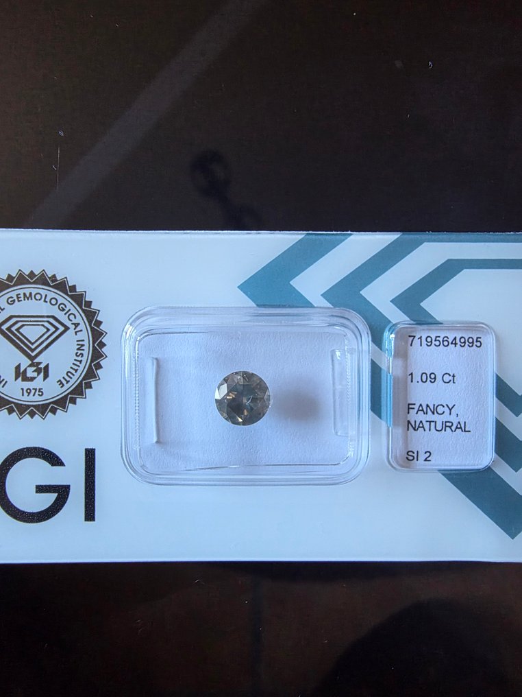 1 pcs Timantti  (Luonnonvärinen)  - 1.09 ct - Pyöreä - Fancy Harmahtava, Rusehtava Keltainen - SI2 - Kansainvälinen gemologinen instituutti (IGI) #1.0