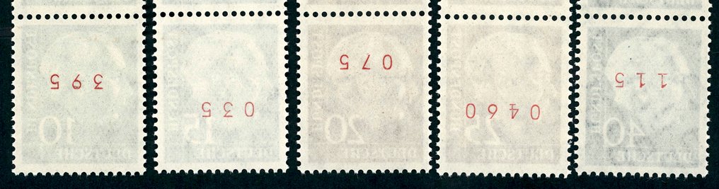 Germany, Federal Republic 1960 - 10 to 40 Pfennig Heuss lumogen, strips of five with red numbering. #2.1
