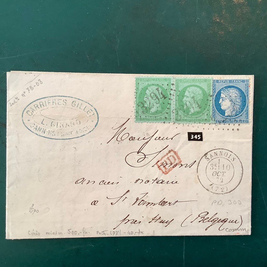 法國 1871 - 5分拿破仑帝国邮票，绿色对绿色——两枚在信上的邮票 - Yvert 35 #1.0