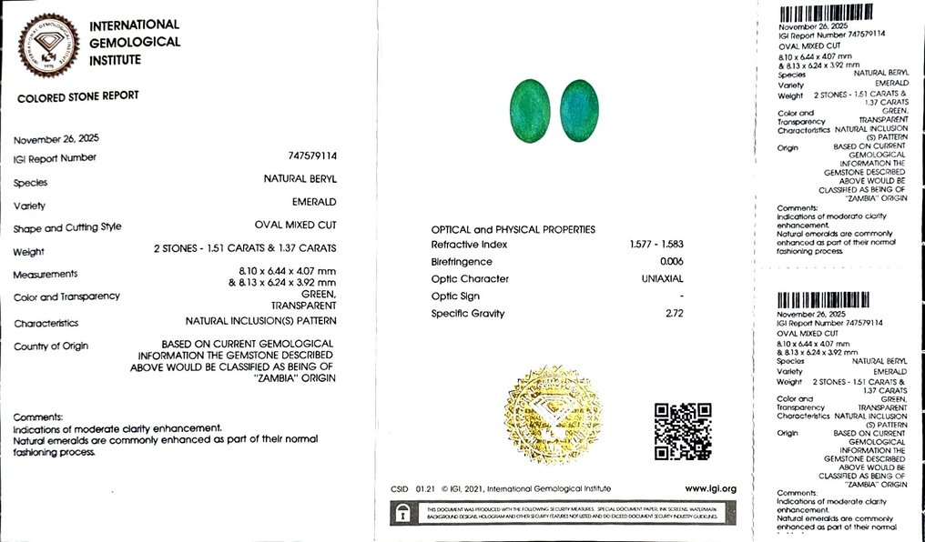 Ingen mindstepris - 2 pcs Smaragd - 2.88 ct - International Gemological Institute (IGI) #2.1