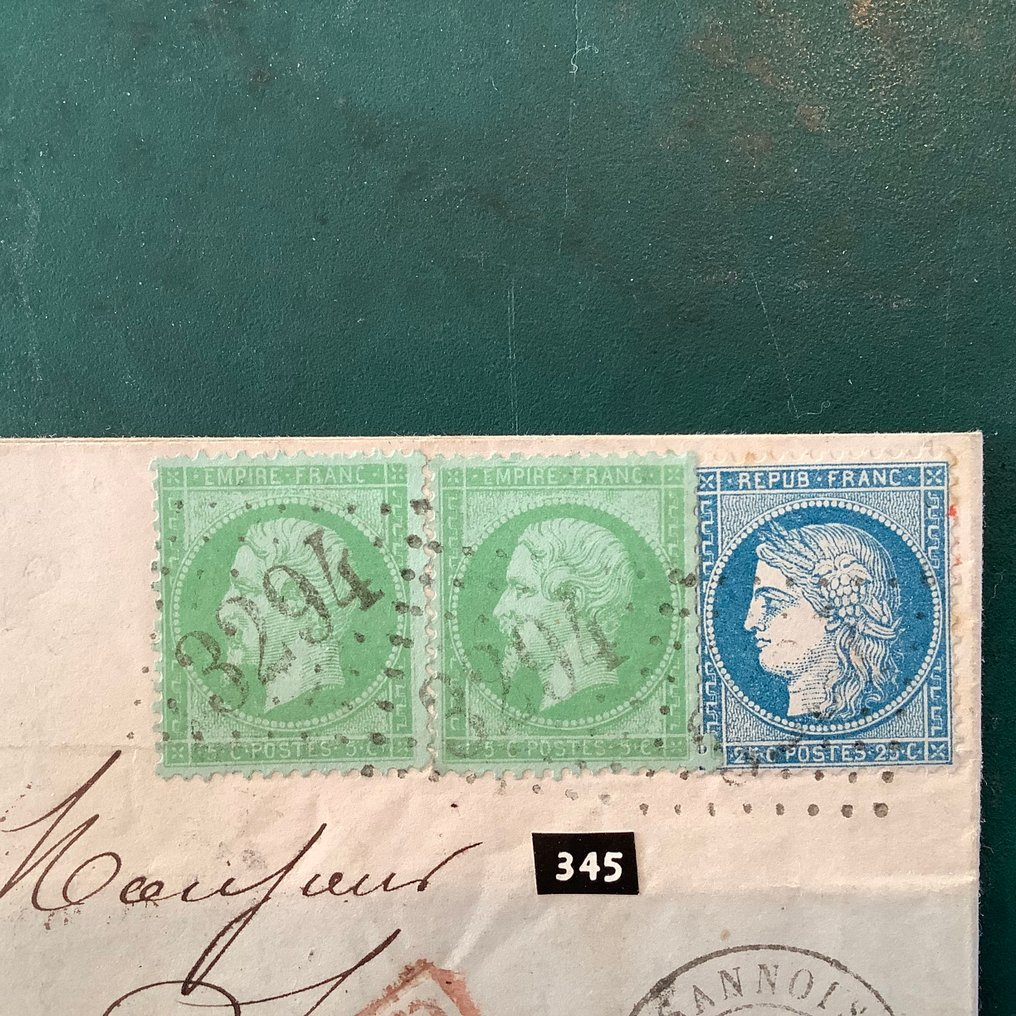法國 1871 - 5分拿破仑帝国邮票，绿色对绿色——两枚在信上的邮票 - Yvert 35 #1.0