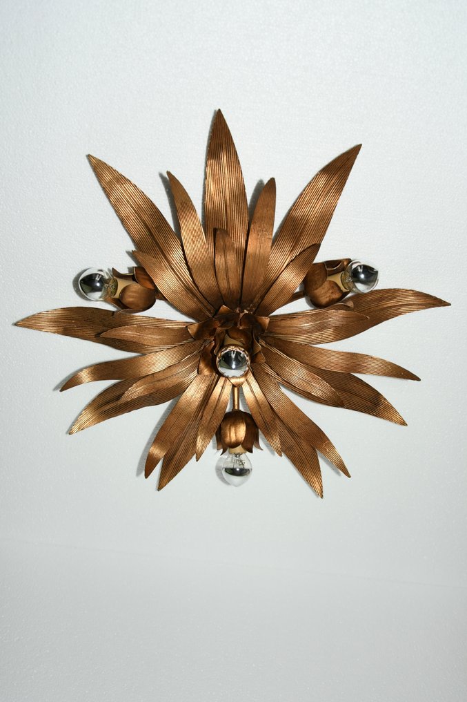 Taklampe - Gullbelagte blader dekorasjon med fire steder - Stål, Metall, Gullbelagt - Diameter 60 cm #1.0