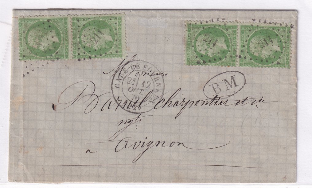 France 1870 - Rare letter with 2 pairs of cancellations, small and large numeral stamps, and a Moseile box seal. #1.0