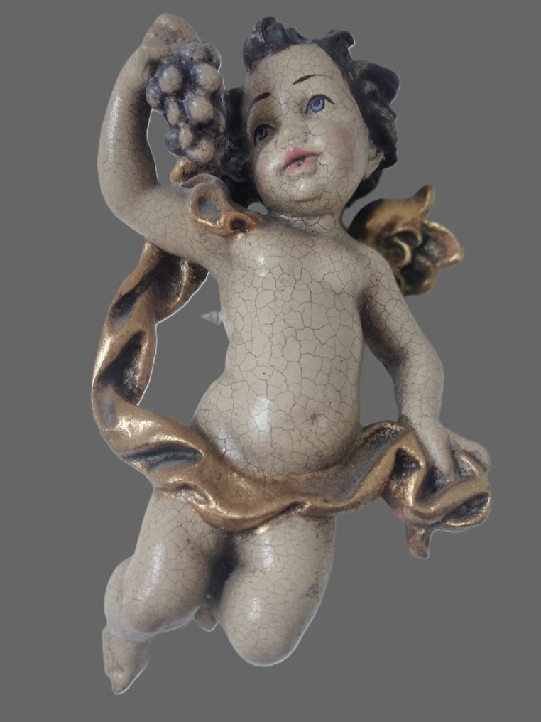 Faragás, alten uralten farbigen  Engel mit Trauben  gefasst Putto geschnitzt - Engel Schutzengel Amor - - 22 cm - Fa #2.1