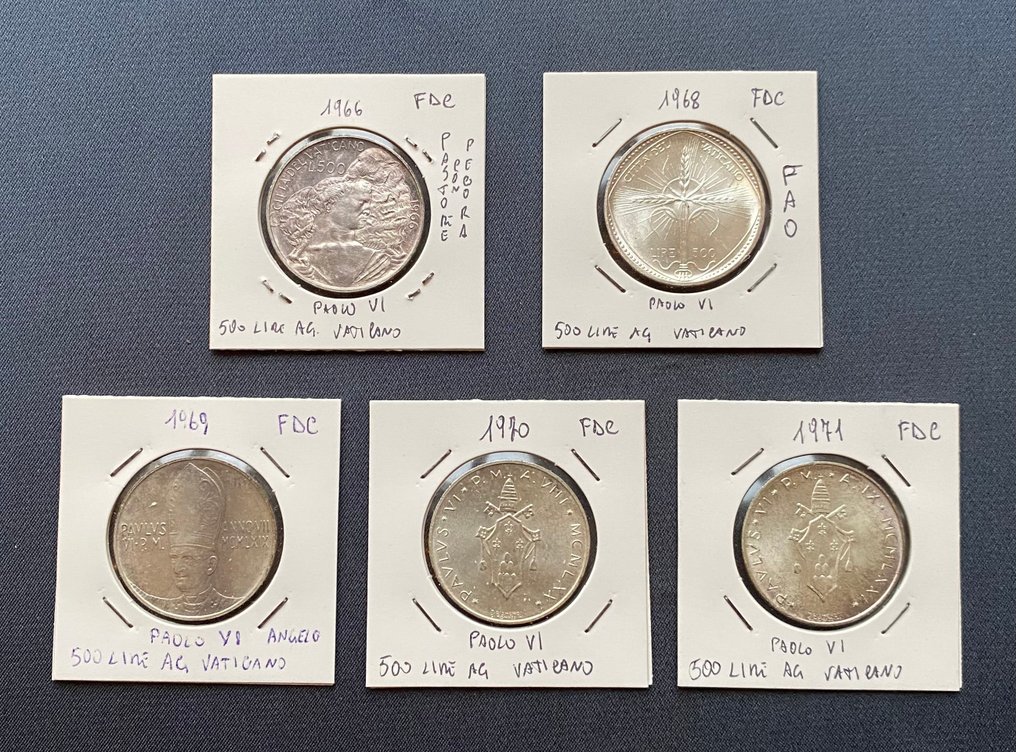 Vaticano. Lotto di 5 Monete da 500 Lire in Argento (Divisionali) 1966-1968-1969-1970-1971 (Senza prezzo di riserva) #1.0