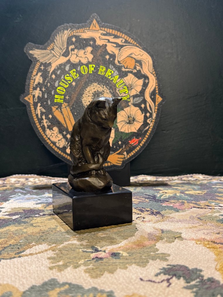 Antoine-Louis Barye (1796-1875) - after - 雕塑, Zittende kat - 13 cm - 黄铜色, 大理石 #1.0