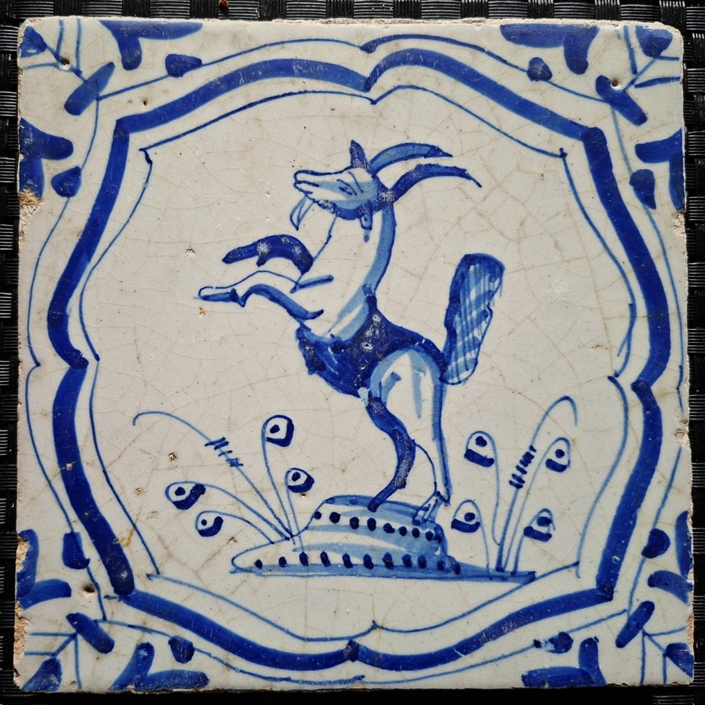  Tile - Antique Delft blue tile featuring a goat. - 1600-1650  #2.1