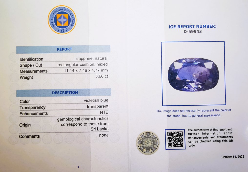 没有保留价 - 1 pcs 蓝色 蓝宝石 - 3.66 ct - 西班牙宝石学院(IGE) - 斯里兰卡 / 无热 #2.1