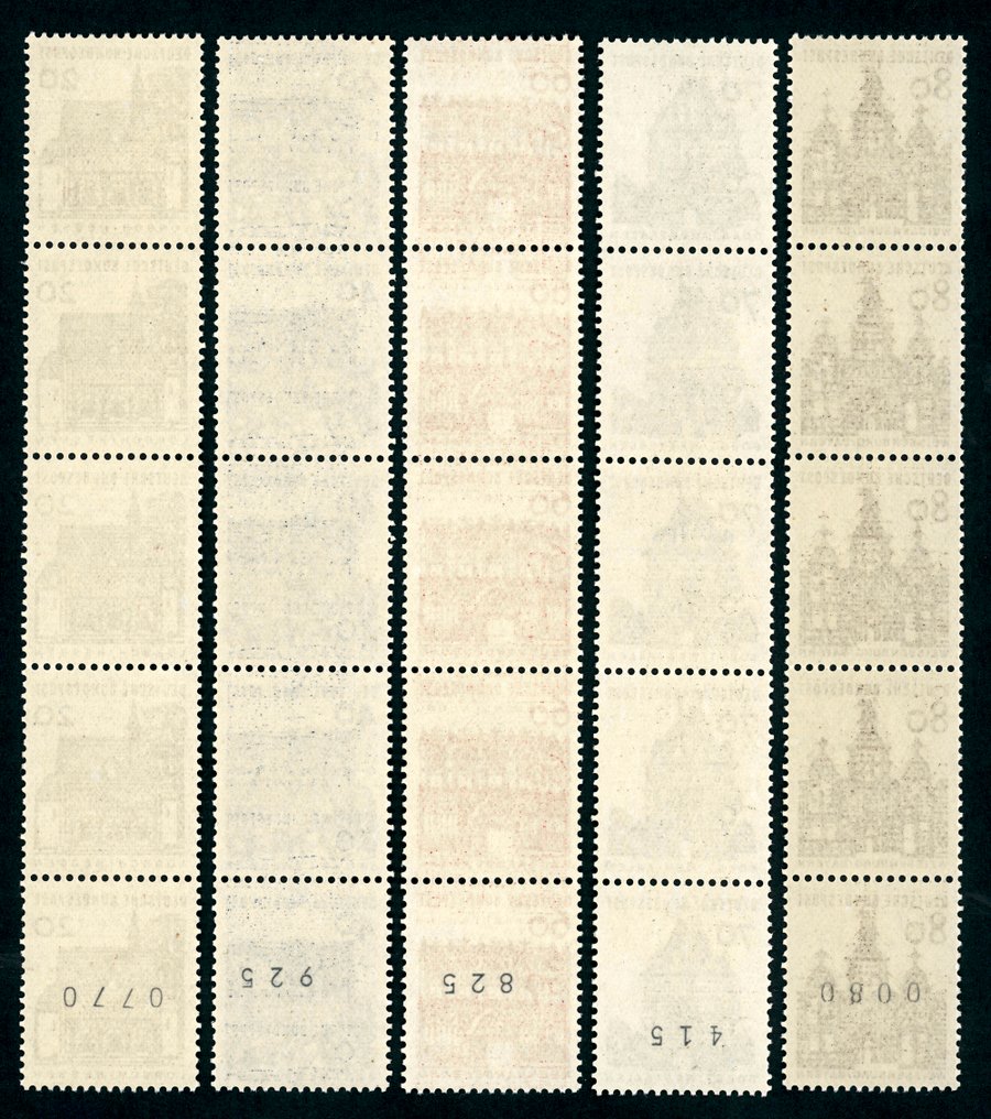 德国，联邦共和国 1964 - 全新20至80分建筑邮票，每5枚一排带编号的条。 #1.0