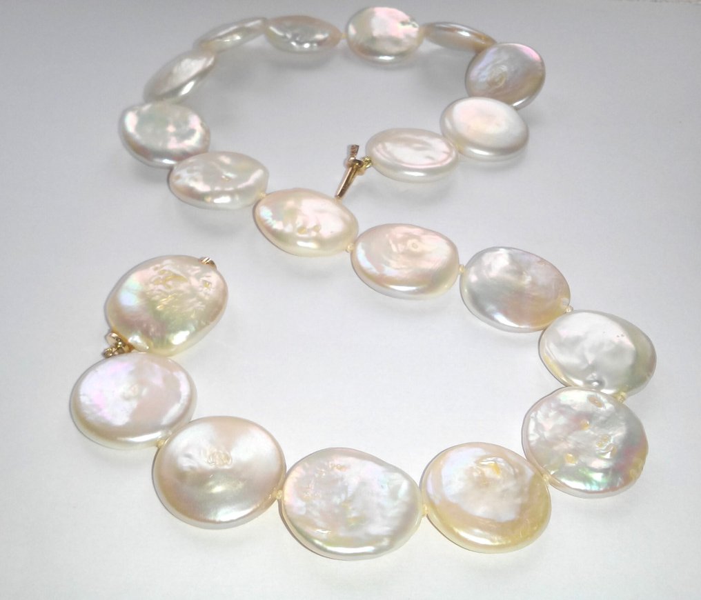 Zonder minimumprijs - Halsketting 14 kt geelgoud - Platte zuchtperlen tot 21,8 mm Ø #1.0