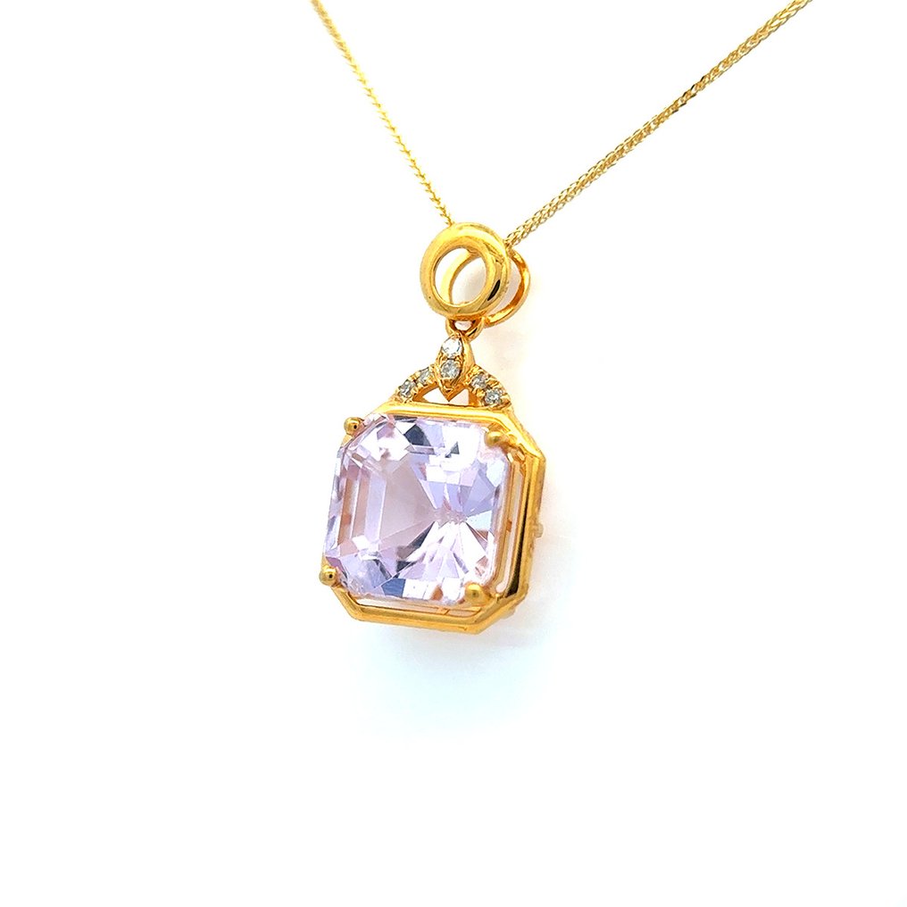 Halskæde med vedhæng - 14 karat Gulguld -  3.34ct. tw. Kunzit - Diamant #2.1