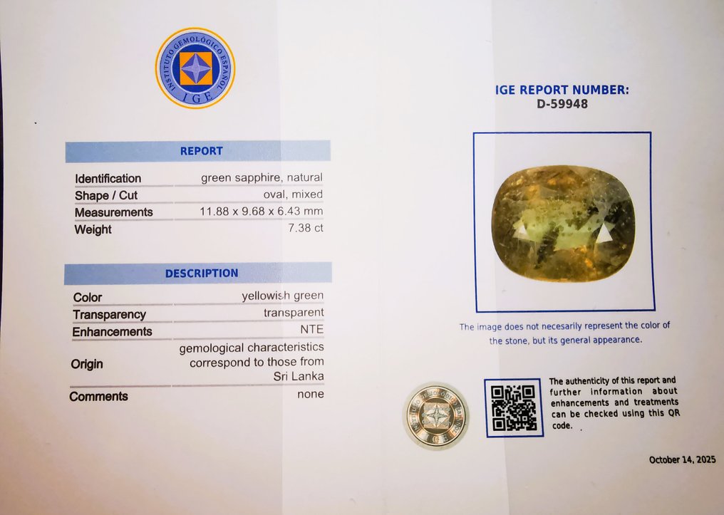Sans prix de réserve - 1 pcs  Vert, Jaune Saphir  - 7.38 ct - Instituto Gemólogico Español (IGE) #2.1