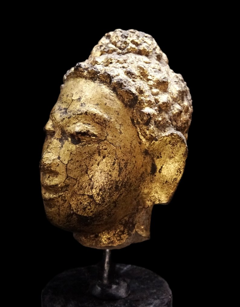 Asiatique ancien Tête de Bouddha doré à l'or - Birmanie - XVIIème/XVIIIème siècle #4.3