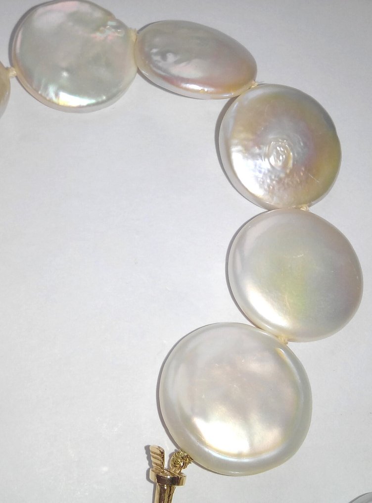 Zonder minimumprijs - Halsketting 14 kt geelgoud - Platte zuchtperlen tot 21,8 mm Ø #4.3