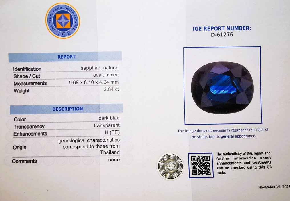 沒有保留價 - 1 pcs  藍色 藍寶石  - 2.84 ct - Instituto Gemólogico Español (IGE) - 泰国 / 高温 #2.1