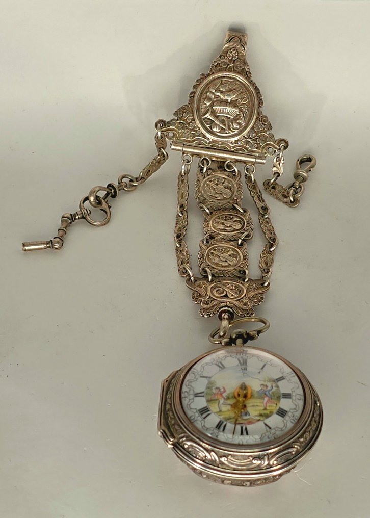 Tarts London - prunkvolle Repousse Silberspindeluhr - feinst gemaltes Ziffernblatt - Top Chatelaine - London um 1765 - Earlier than 1850 #3.2