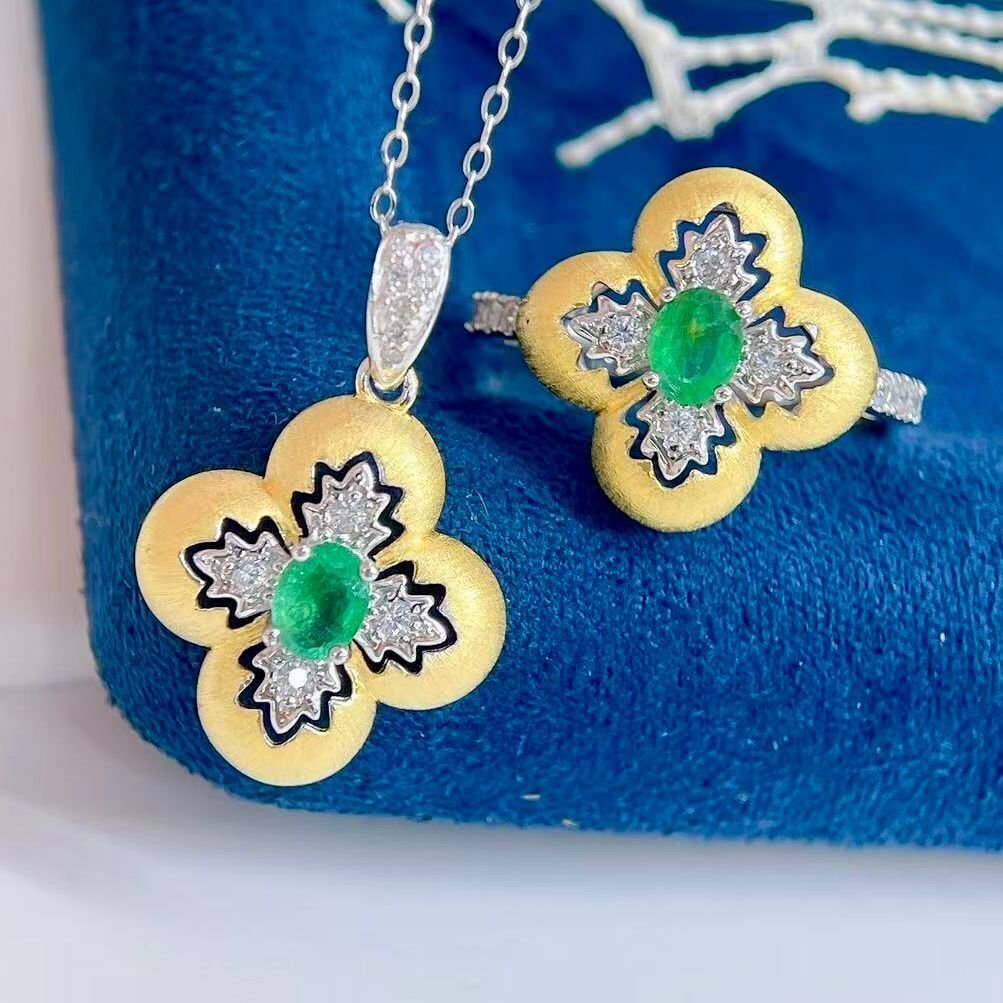 Zonder minimumprijs - 2-delige sieradenset Zilver 925, 14k goud verguld, natuurlijk Smaragd #1.0