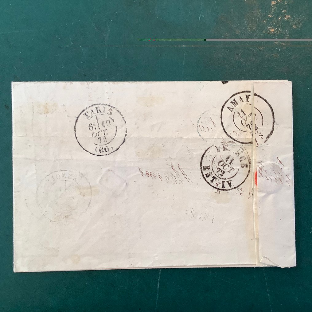 法國 1871 - 5分拿破仑帝国邮票，绿色对绿色——两枚在信上的邮票 - Yvert 35 #2.1