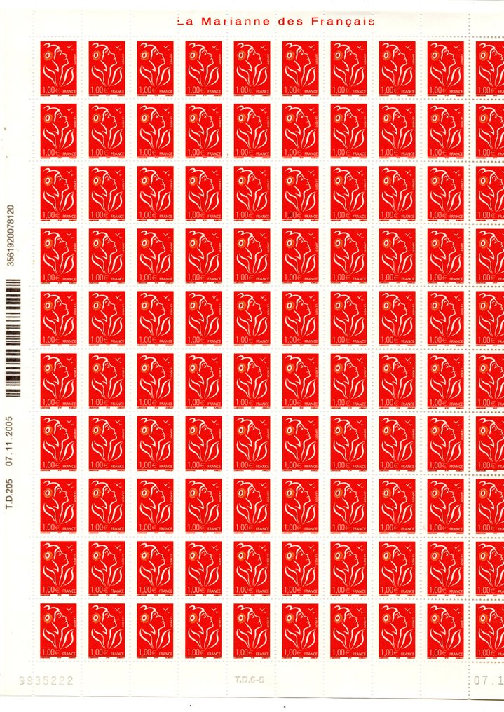Franciaország 2005 - Teljes lap a N° 3739 Marianne de Lamouche-tól, 1,00 €, narancssárga. - yvert et tellier N° 3739 #1.0