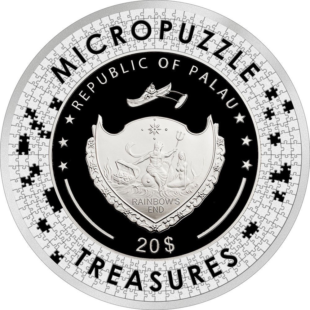 Palau. 20 Dollars 2021 Micropuzzle Treasures REVERIE By Mucha - 3 Oz (.999) Proof #1.0