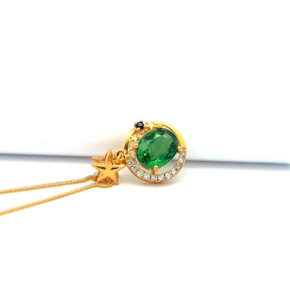 吊坠项链 - 14K包金 黄金 -  1.10ct. tw. 沙弗莱石 - 钻石 #1.0