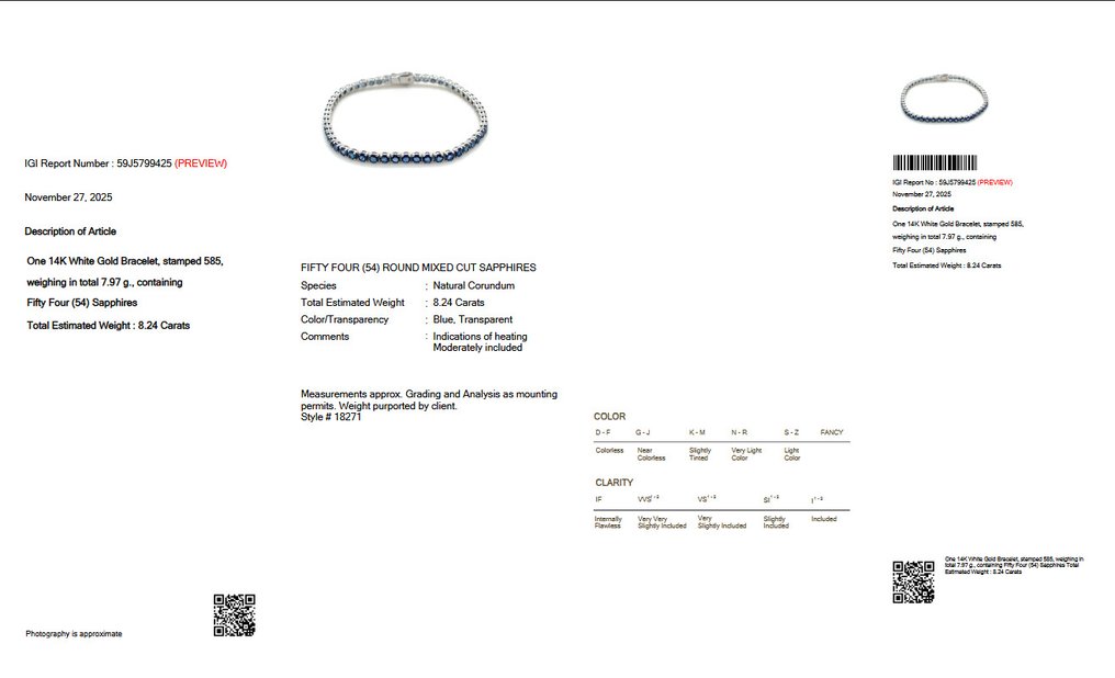 沒有保留價 - 手鈪 - 14 克拉 白金 -  8.24ct. tw. 藍寶石 - IGI #1.0