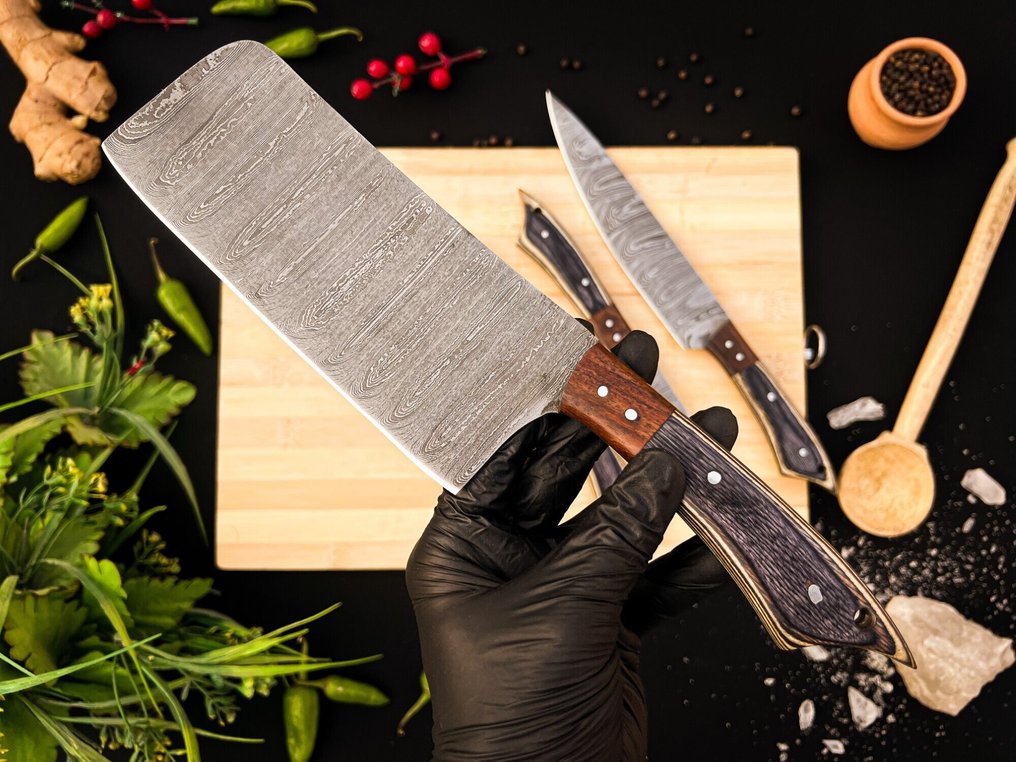 Μαχαίρι κουζίνας - Σετ μαχαίρια κουζίνας Chef για καθημερινή χρήση σε εσωτερικούς και εξωτερικούς χώρους (FK-155) - Αμερικανικό τριαντάφυλλο και εξωτικά ξύλινα χειριστήρια και 1095/15N20 διπλωμένο ατσάλι. - Ηνωμένες Πολιτείες - Σετ κουζίνας και μπάρμπεκιου #1.0