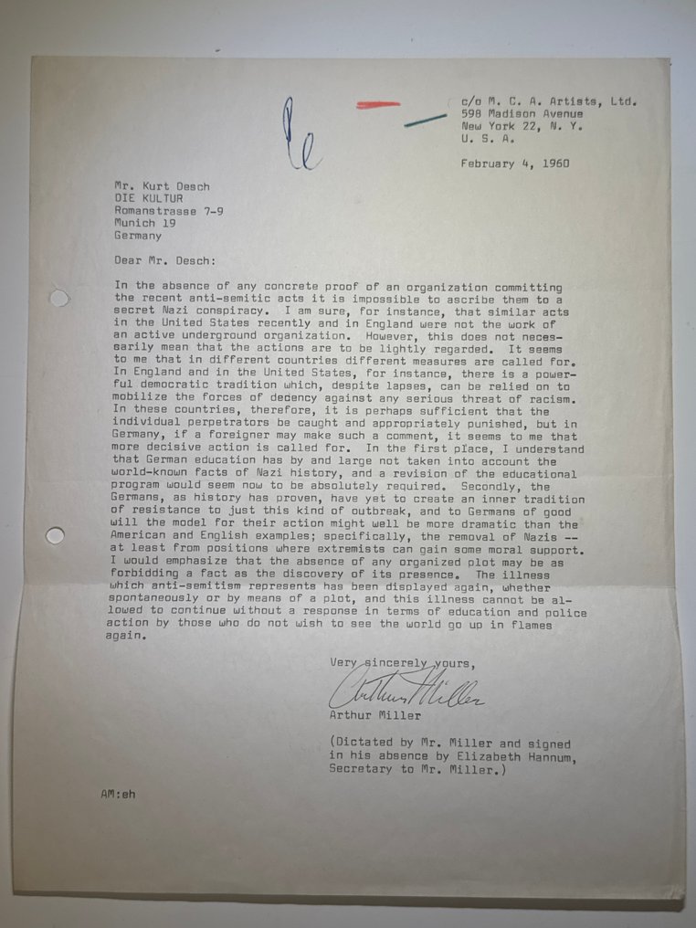 Arthur Miller (1915–2005) famous American actor and writer, husband of Marilyn Monroe - Important typed and autograph signed letter to a german journal about Antisemitism in the word - 1960 #1.0