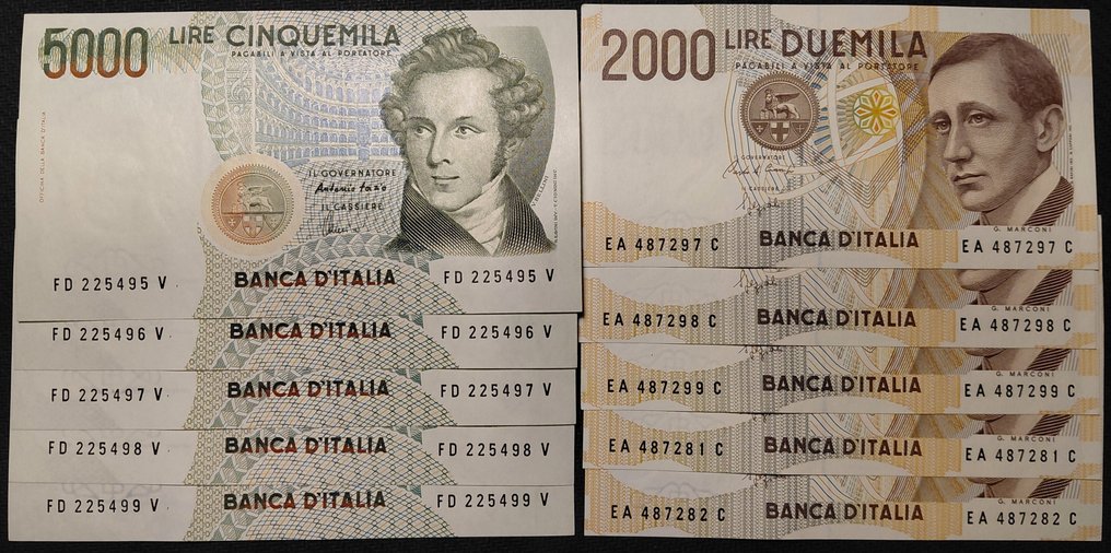 Olaszország. - 5 x 2000 and 5 x 5000 Lire - 1985/1990 - Pick 111c and Pick 115 (Nincs minimálár) #1.0