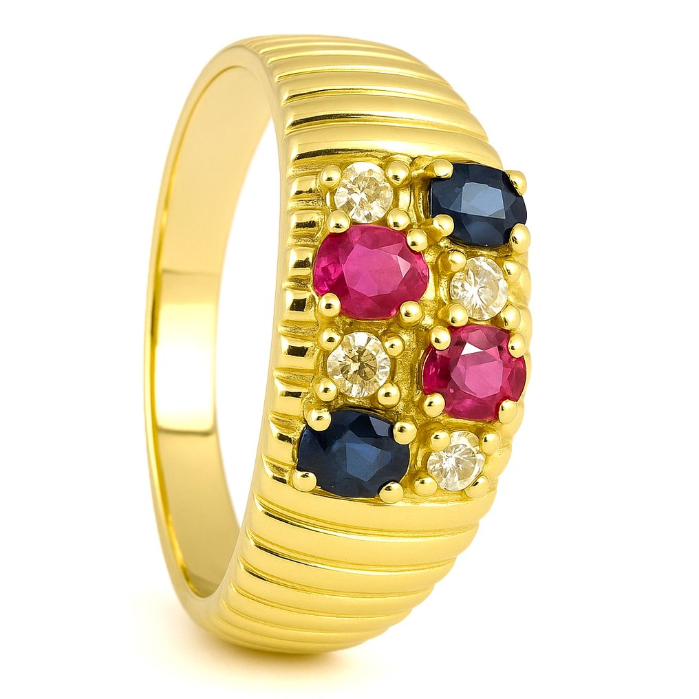 Δαχτυλίδι - 18 καράτια Κίτρινο χρυσό, Ρουμπίνι - Ζαφείρια - Διαμάντια - -  0.40ct. tw. #1.0