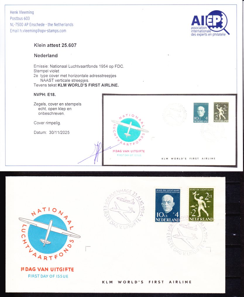 荷兰 1954 - 2e 类型 KLM FDC 有特殊文本：KLM 世界首家未签名航空公司 - NVPH E18 met Befund H. Vleeming #1.0