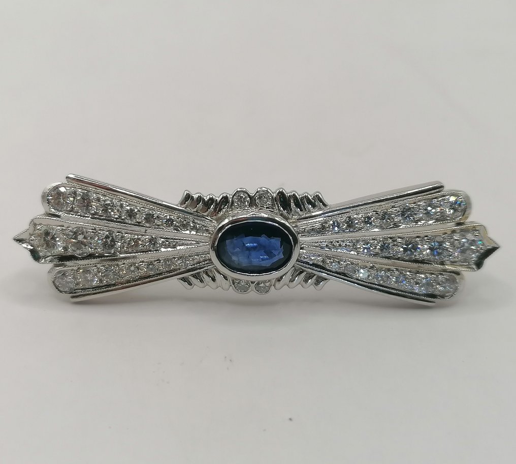 Καρφίτσα - 18 καράτια Λευκός χρυσός -  2.67ct. tw. Ζαφείρι - Διαμάντι #1.0