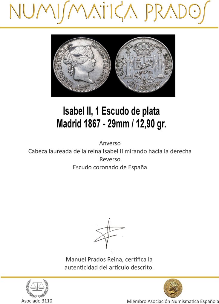 Spain. Isabel II. Escudo Madrid 1867  (No reserve price) #1.0