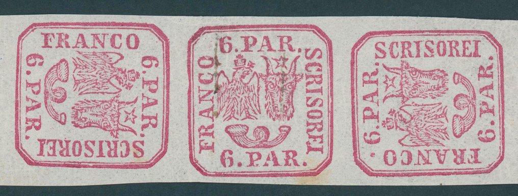 Romania 1862 - Principality of Romania - postfrischer 5-er Streifen 6 Par rot mit Kehrdruck in sehr guter Erhaltung Mi.Nr. 9 #1.0