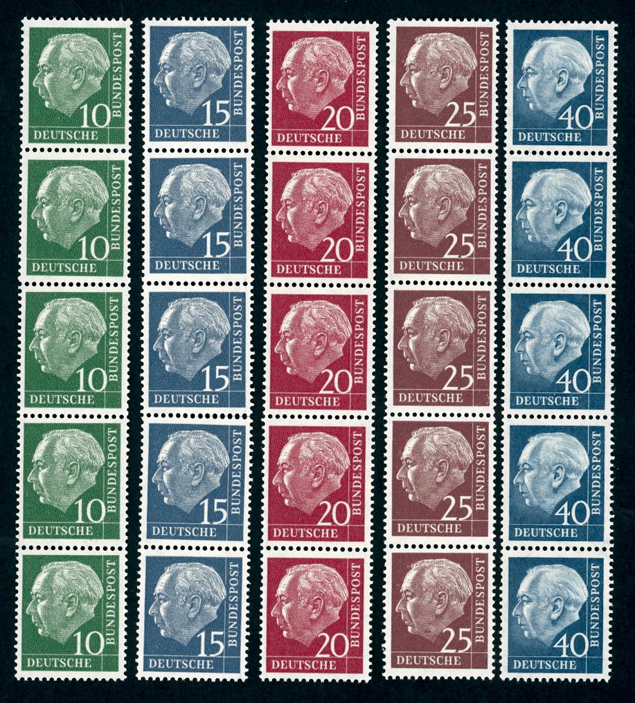 Germany, Federal Republic 1960 - 10 to 40 Pfennig Heuss lumogen, strips of five with red numbering. #1.0