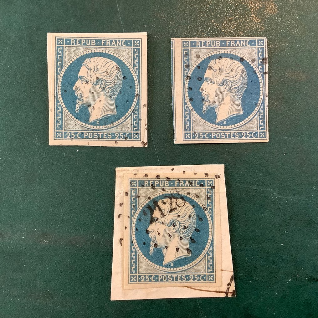 法国 1852 - 25美分Prins Napoleon，三色调版本——边缘宽阔 - Yvert 10, 10a en 10d #1.0