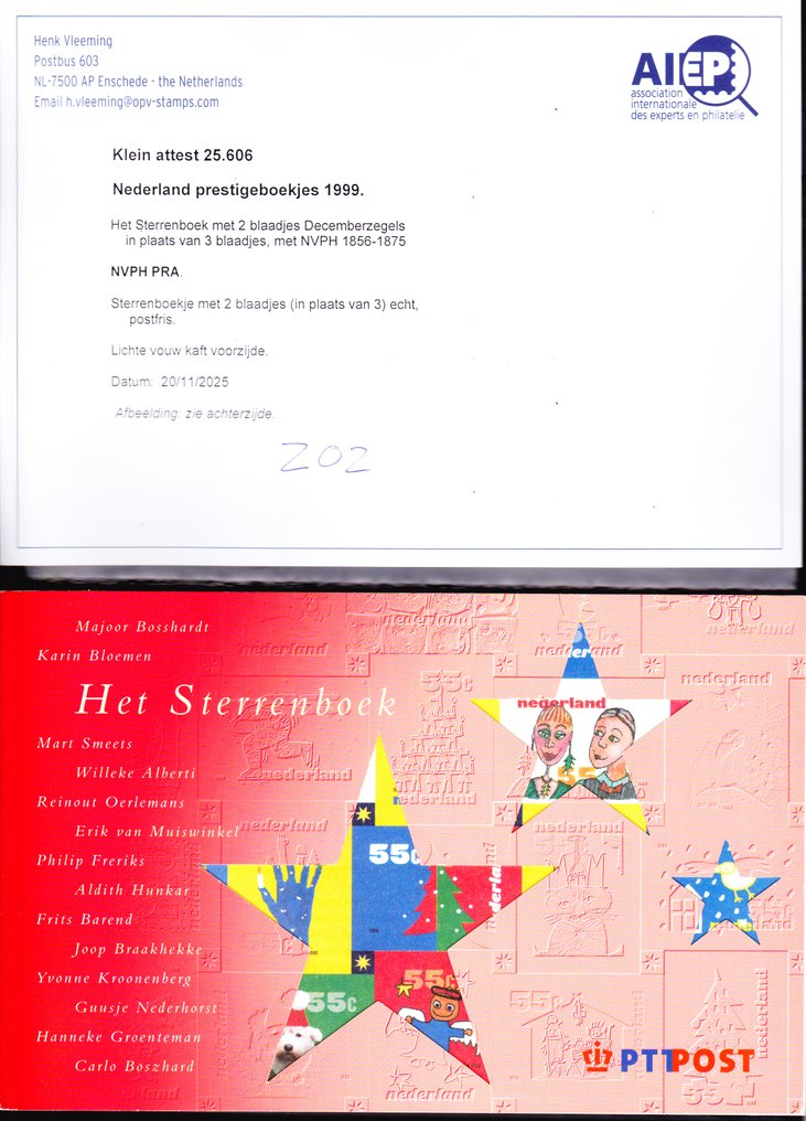 荷兰 1999 - 生产错误的星星手册，只有2页而非3页，附有H. Vleeming的Befund。 - NVPH PRA #1.0