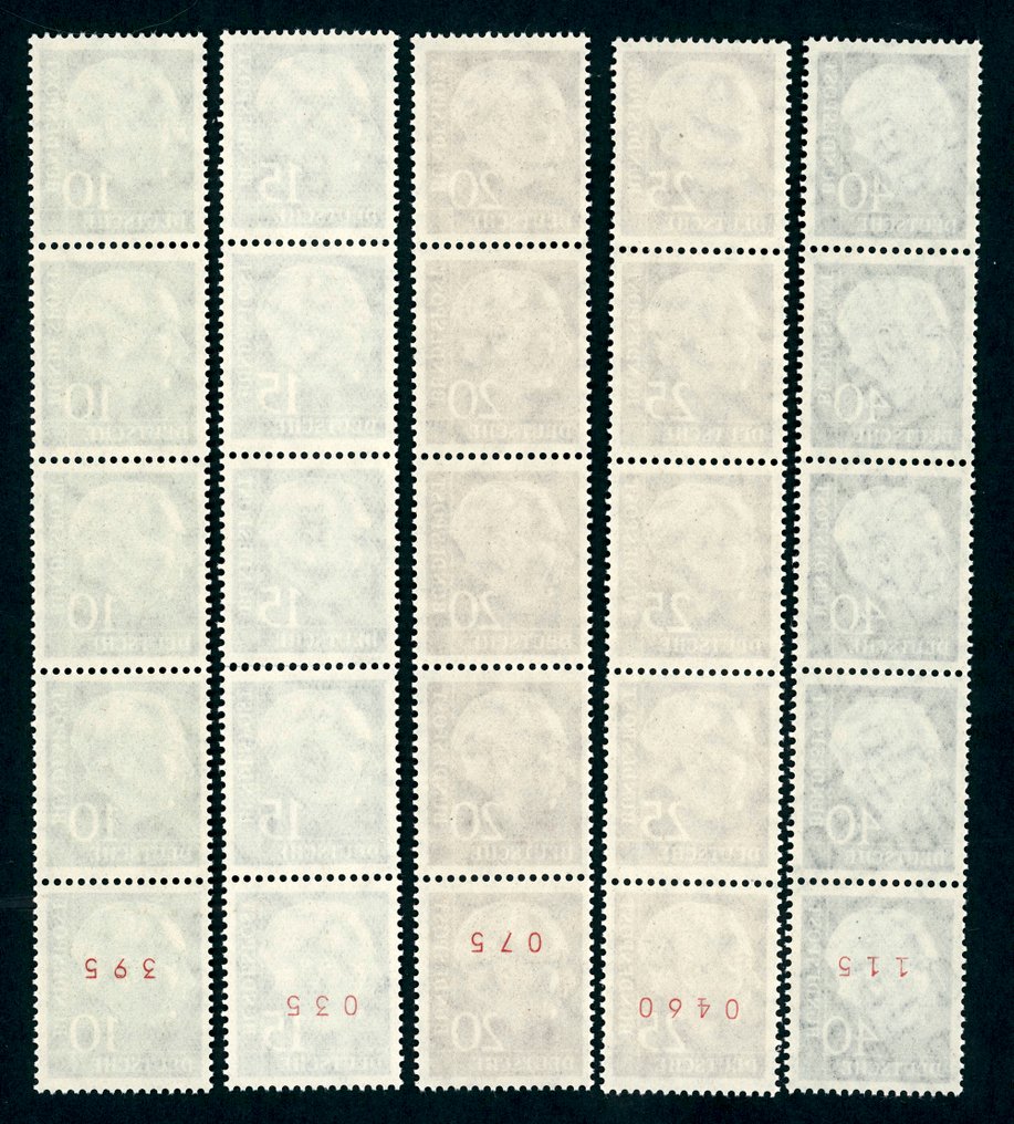 Germany, Federal Republic 1960 - 10 to 40 Pfennig Heuss lumogen, strips of five with red numbering. #1.0
