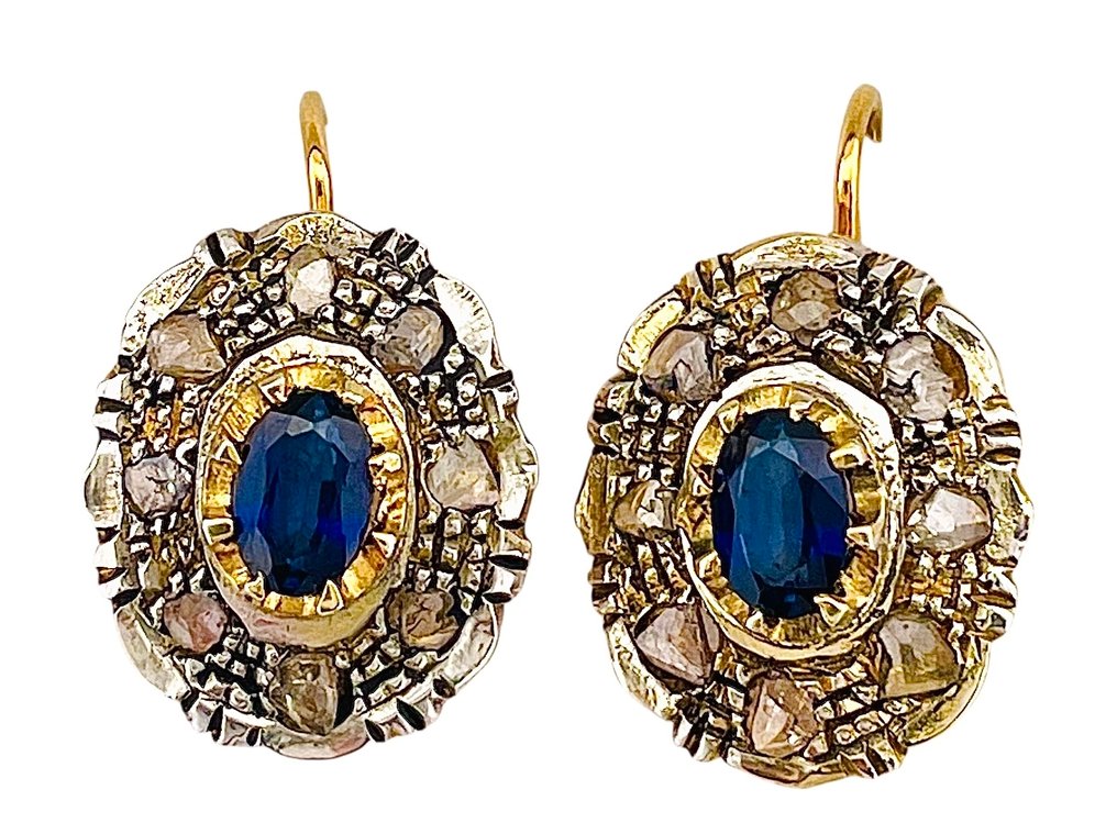 Ingen mindstepris - Øreringe - 9 kt. Gulguld, Sølv Safir - Diamant #1.0