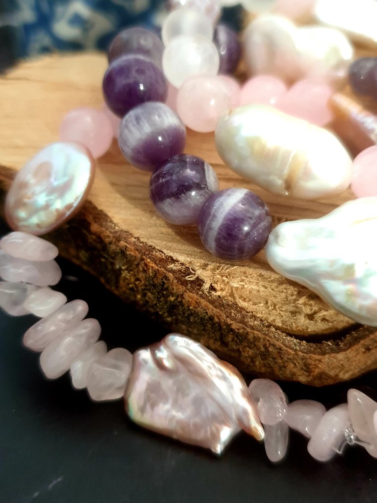 巴洛克淡水珍珠、紫水晶、玫瑰石英、白水晶 - 手镯 - 3Pc #2.1