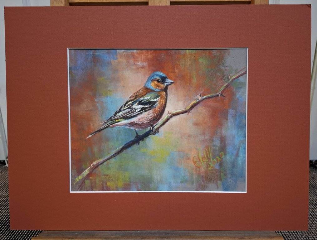 Esther Visser Pastel Art - Original Pastel - Colourful Finch on Winter Branch #4.3