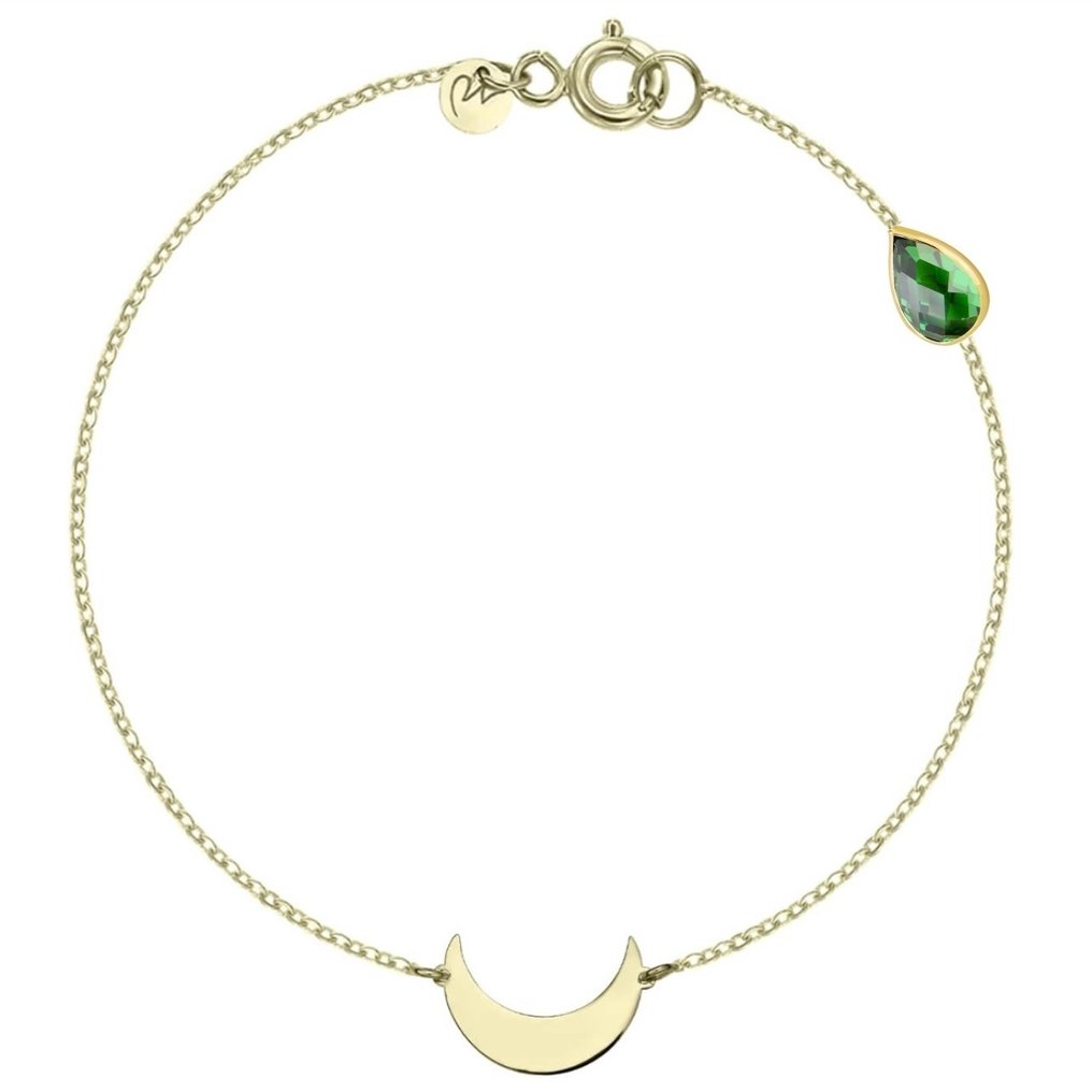 没有保留价 - Handmade - 手镯 - 14K包金 黄金 锆石 - 月亮配绿石 #1.0