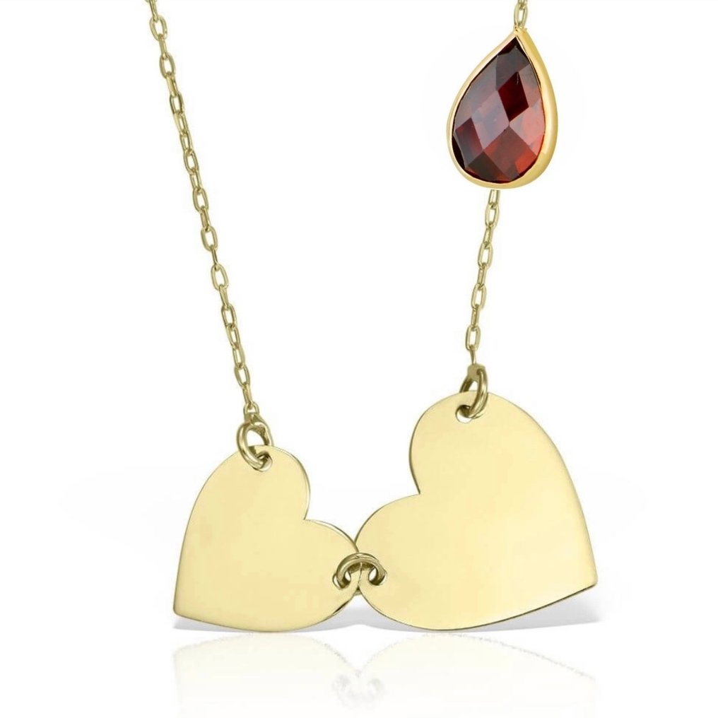 No reserve price - Handmade - Necklace - 14 kt. Yellow gold Zircon - 2 Heart w/ Red Stone #1.0