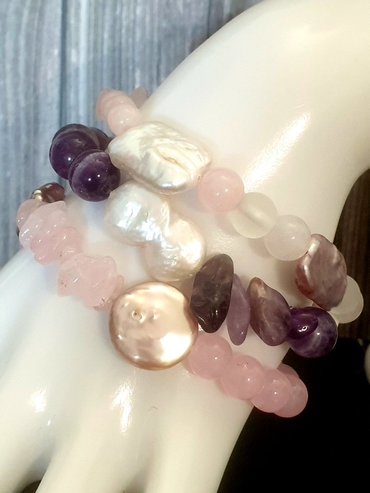 巴洛克淡水珍珠、紫水晶、玫瑰石英、白水晶 - 手镯 - 3Pc #1.0