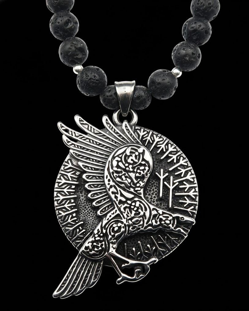 Viking Raven of Odin: Vision of the Invisible & Spiritual Guide - Clasp, 925 silver beads - Necklace with pendant #1.0