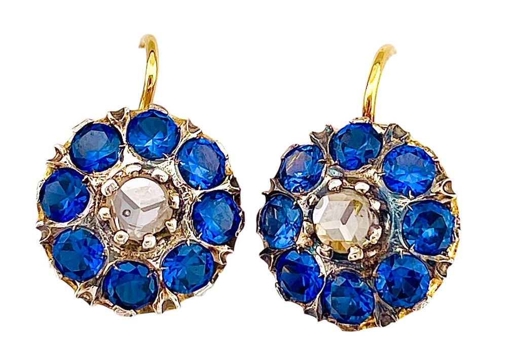 没有保留价 - 耳环 - 9 kt. 黄金, 银 蓝宝石 - 钻石 #1.0