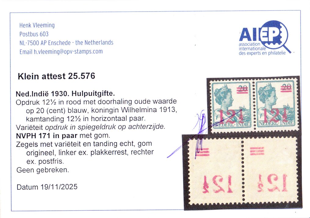荷兰 1930 - 带有背面镜像印刷的辅助发放 - Gekeurd Vleeming #1.0