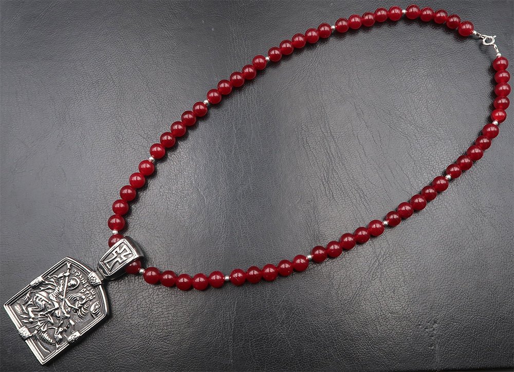 Rubis - Ícone Ortodoxo de Santo Jorge: Triunfo sobre o Mal & Proteção - Fecho, pérolas - Colar #4.3