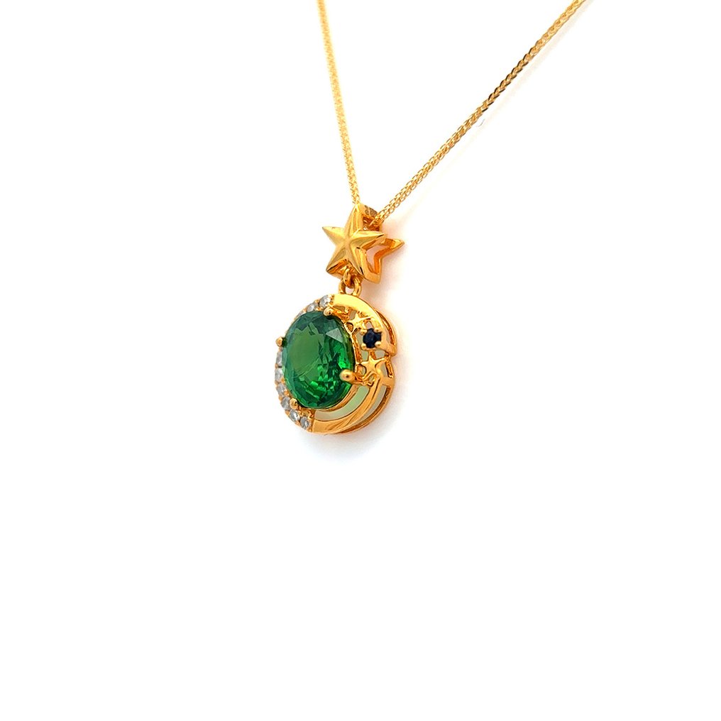 吊坠项链 - 14K包金 黄金 -  1.10ct. tw. 沙弗莱石 - 钻石 #4.3