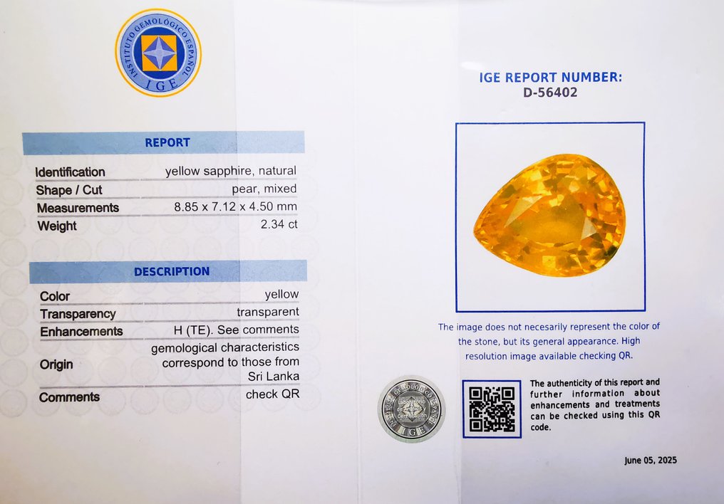 No reserve price - 1 pcs  Yellow Sapphire  - 2.34 ct - Instituto Gemólogico Español (IGE) #2.1